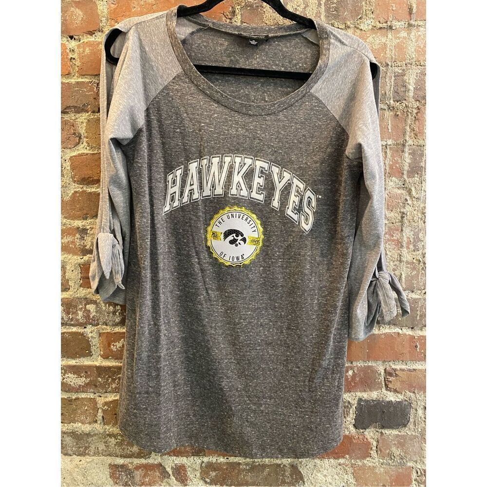 IOWA HAWKEYES Gold Glitter, Gray Cut-out Baseball 3/4 Sleeve T-Shirt Gameday Cou